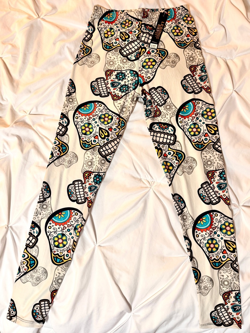 White Multi Color Sugar Skull Print Leggings